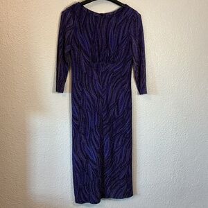 Purple & Black Abstract Print Midi Dress | Long Sleeve Fitted Evening Dress